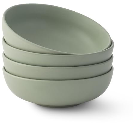 JoyJolt Mesa 30oz Stoneware Pasta and Salad Bowls Set of 4, Matte Sage Green Dishwasher and Microwave Safe Wide and Shallow Plate Bowls
