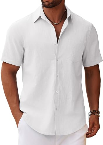 COOFANDY Camicia da Uomo a Maniche Corte Camicia Estiva in Lino Camicie in Cotone con Taschino Camicie a Maniche Corte da Spiaggia Casual Vacanze Bianco L
