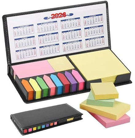 Haftnotizen Set, 1100 Stück Haftnotizen Klebezettel, Selbstklebende Haftnotizen, Haftnotizen Klebezettel PU Etui mit Stifte, Kalender 2026 Sticky Notes Set für Büro Schule Teamwork Studium