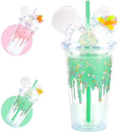 SilverChry Gobelet avec paille et couvercle, 450 ml, pour café glacé, double paroi, mignon, motif ours crème glacée, thé à bulles, verres à matcha, tasse de voyage, tasse à bec