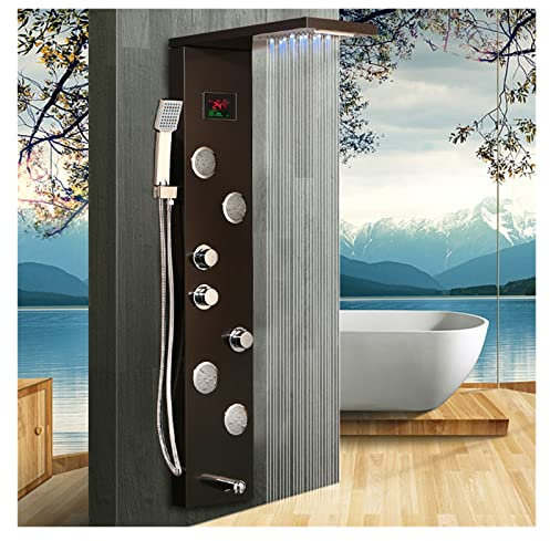 Panneau de douche, Luxe Noir/Brosse Salle De Bains LED Panneau De Douche Système De Tour Montage Mural Mitigeur Douche À Main SPA Massage Écran De Température(Style 02 With LED)