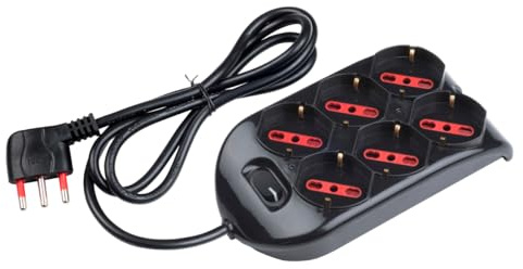 Multipresa 6 posti con interruttore, spina italiana grande 16A ad angolo, 6 prese universali, bipasso bivalente schuko 10A 16A, cavo 150 cm 1,5mt, nero, ciabatta per uso casalingo, potenza 3500W