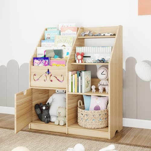 PUNCIA Étagère de Jouets et Livres Bibliothèque Enfant Rangement Jouet en Bois avec 5 Étagères et 4 Compartiments Ouverts Design Mignon Ourson Facile à Assembler pour Bureau Maison et École Naturel