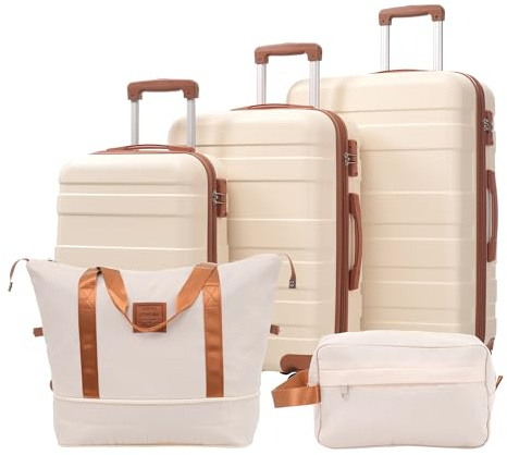 Senmate Set Valigie 3 Pezzi (M+L+XL) Guscio Rigido, Trolley da Viaggio con Rotelle 360° Silenziose e Freni, Blocco TSA, Espansione, Manico in Alluminio, Necessaire Incluso (Beige)