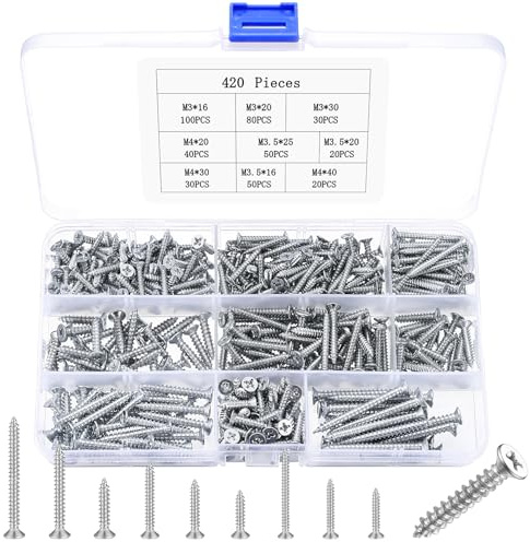 420 Pcs Self Tapping Screws Set, M3 M3.5 M4 Countersunk Assorted Wood Screws, Phillips Flat Head Screw Sets Mixed Box, for Metal Plastic Wood Door Handle Screw Set
