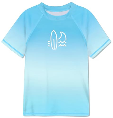 BesserBay Boys Rash Vest Short Sleeve UPF 50+ Rash Guard for Kids Lightweight Quick Dry Swimming Costume Ombre Light Blue 13-14 Years