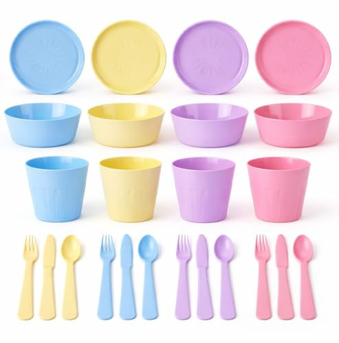 24 Piece Kids Tableware Set – BPA Free Plastic Dinner Set with 4 Plates, 4 Bowls, 4 Cups & 12 Piece Cutlery (Knives, Forks, Spoons) – Reusable Pastel Toddler Dining Set (Pastel)