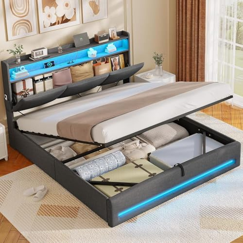 AGOLLATI Camas Matrimoniales 140x190 cm con Luz LED y Estación de Recarga, Cama Canape Hidráulica con Almacenamiento, Estructura Cama con Cabecero Almacenador, Puertos USB y Type-C, Gris Oscuro