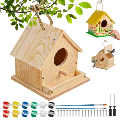 Yoselumin Vogelhaus zum Bemalen Kinder – Vogelhaus Bausatz Holz Komplettset mit Farben, Pinseln & Schraubendreher – Bastelset Kinder ab 5 Jahre, Ostern Geschenk, Vogelhau selber Bauen