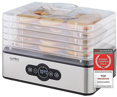 TZS First Austria Deshidratador digital para frutas, hierbas, setas y carne, 5 niveles acero inoxidable, temporizador y regulador temperatura 35-70°C