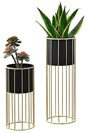 [en.casa] Set di 2 Portavasi in Metallo Supporto per Piante in 2 Misure Diverse con Coprivaso Nero e Base di Forma Rotonda in Color Oro
