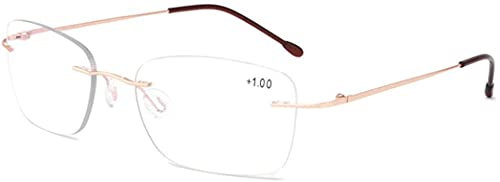 Men Women Progressive Reading Glasses Anti Glare Metal Rimless Bifocal Multifocal Lens Lightweight Transition Eyeglasses Diopter 1.00-3.00 Gold,+3.00
