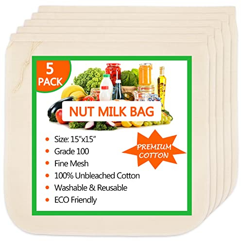Huppar 5 Pack Nut Milk Bag 15x15, Cheesecloth bags for Straining Reusable, 100% Unbleached Cotton Cloth, Almond/Oat/Soy Milk Strainer, Filter Bag for Cheese/Yogurt/Juice/Cold Brew Coffee Wine/Soup