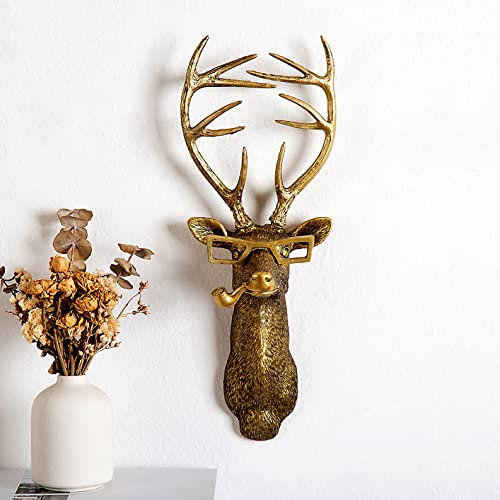 3D head Wall Mount Ornament, Animal Heads for Wall Art Hanging Sculptures, Small Metal Wall Resin Art Wall Decor Ornament Waterproof Bronzed Resin Decorations for Home (deer head)