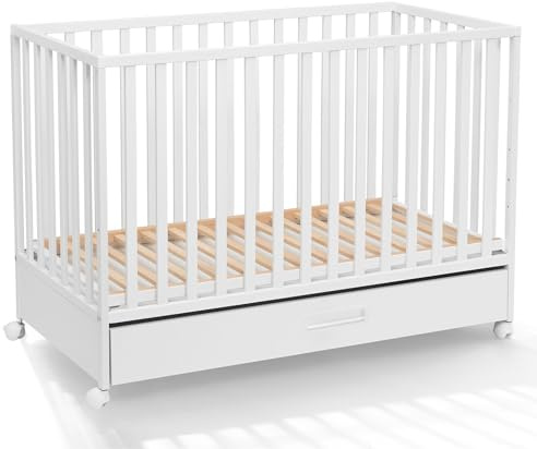 ATB lit Bebe en tiroir evolutif LUX - 60x120 avec Matelas - pour en 0 3 âge - Blanc Lits pour Enfant - Chambre Bois Enfants - Bébé Berceau a Barreaux - Complete Nourrissons Mobilier