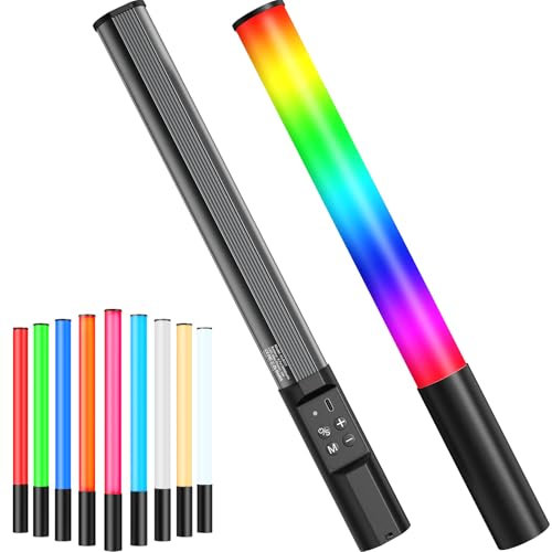 Heysliy RGB Varita de luz de Video, Luz de Tubo para Fotografía, Batería Incorporada de 2600 mAh, Brillo Ajustable 2500K-9900K, Regulable 9 Colores para Youtube, Grabación de Video, Fotografía