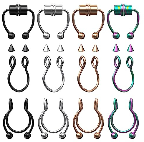 Yolev 12 Piezas Anillo de Nariz Falso Magnético Septum Falso Aro de Acero Quirurgico con Incrustaciones de Joyería Herradura Falso Piercing Nariz Aro Mujer Falsificaciones Nose Piercing Septum Falso