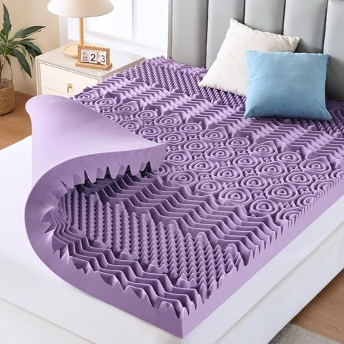MUXHOMO 3 Inch 7-Zone Queen Mattress Topper, Egg Crate Memory Foam Mattress Topper Queen Size for Back Pain, Lavender Cooling Gel Infused Bed Pad, CertiPUR-US and Oeko-TEX Certification (60×80)