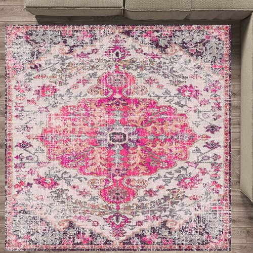 ARUGYTEI Teppich Quadratisch,Vintage Floral Grand Prix Medaille Shabby Chic, Fuchsia,170 x 170 cm, Wohnzimmer Schlafzimmer Kinderzimmer