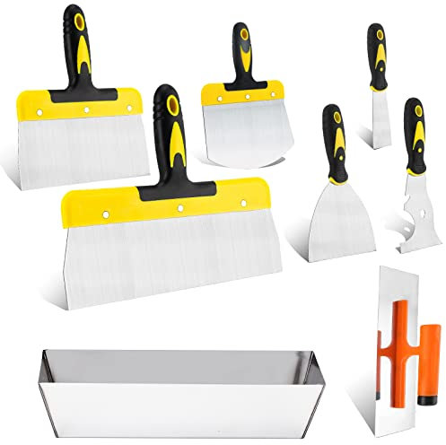 xinfedi Spachtel Set, 8-teiliges Edelstahl Malerspachtel Set enthält Breite Spachtel, Tapeten Spachtel, Glättkelle und 30,5 cm Spachtelkasten mit ergonomischen Griff