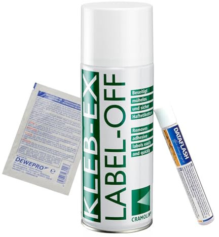 KLEB-EX 200ml Spraydose und praktischer Etikettenlöser-Stift - Kleberlöser und Etikettenlöser im Set - Etikettenentferner und Kleberentferner, inkl. 1 St. DEWEPRO® SingleScrubs