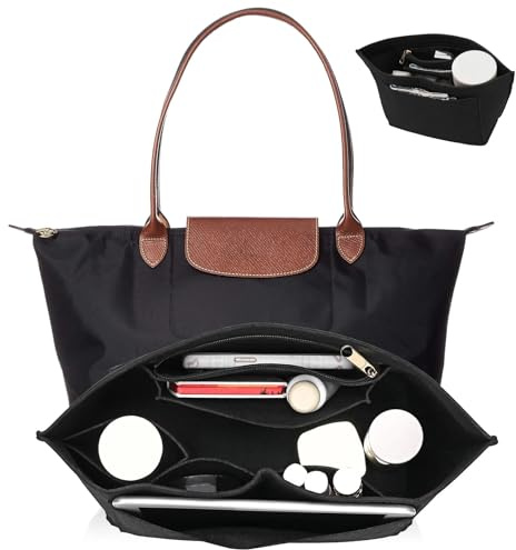 Umiup Organiseur de sac à main Longchamp Le Pliage de taille moyenne, organisateur de sac à main en feutre avec porte-gobelet, organisateur de sac avec fermeture éclair, 8 compartiments, noir, L