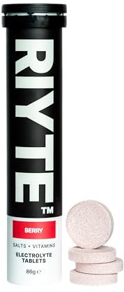 RIYTE™ Electrolyte Hydration Tablets | 6 Electrolytes, 5 Vitamins | No Sugar | Naturally Flavoured, Coloured & Sweetened | Vegan | 20 Effervescent Tablets (20 x 4.3g) | Berry