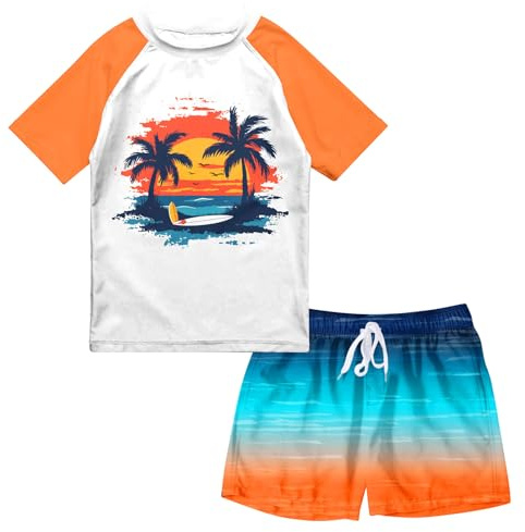 SunFocus 4T Boy Swim Set Bathing Suits Boys Orange Swimsuit 2 Piece Rash Guard Short Sleeve Swimwear Surfing Trunks with Liner