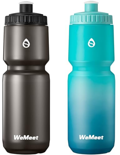 WEMEET Bidón para bicicleta, 2 unidades, a prueba de fugas, botella deportiva con escala de volumen, sin BPA, para ciclismo, exterior (negro y verde, azul, 1000 ml)