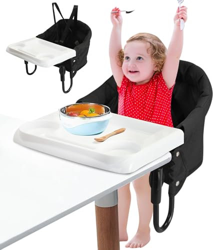 Portable High Chair Baby, Folding Baby Hook On Seat with 5-Point Safety Harness, Table Seat with Removable Tray with Storage Bag,for Young Children Eating and Feeding for Home and Travel (Black)