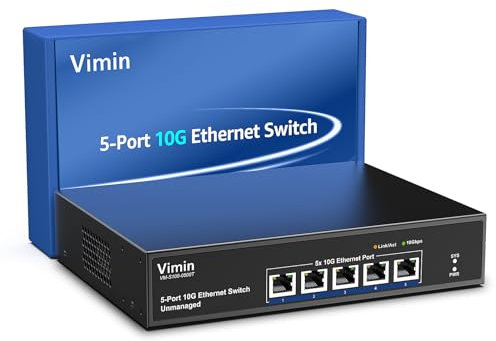 5 Port 10G Switch Unmanaged, VIMIN 10G Network Switch 5 Port Support 100M/1000M/2.5G/5G/10G Speed Auto-Negotiation, 10G RJ45 Port Switch for 10G NAS Network, Plug & Play, 100Gbps Switching Capacity