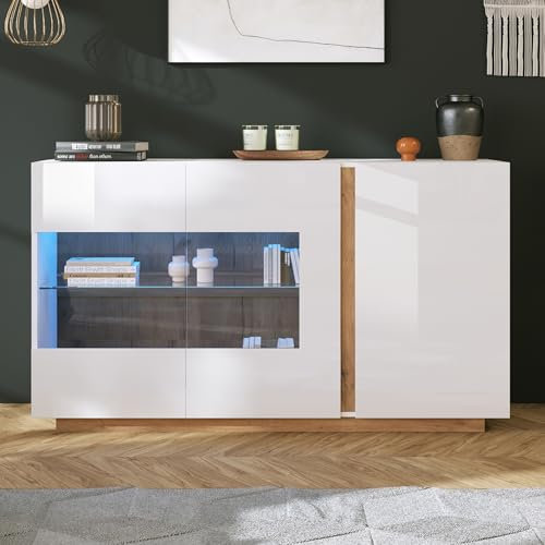 Moimhear Aparador brillante de madera aglomerada blanca con cristal, base de madera, cómoda, 138 x 38 x 90,5 cm