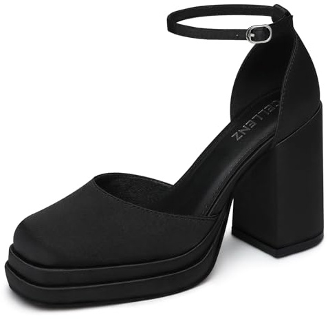 CELLENZ Women Chunky High Heels: Closed Toe Strappy Platform Heel - Black Dress Party Casual Shoes - Pumps Comfortable Graduation Formal Size 7