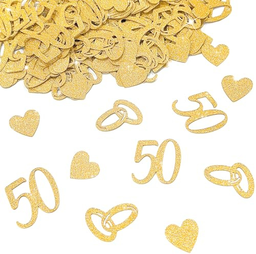 Decorazione per nozze d'oro, 200 pezzi di coriandoli glitterati con 50, anelli, motivi a cuore, decorazione da tavolo, decorazione sparsa, anniversario 50 anni, decorazione per feste, decorazione per