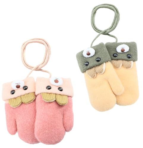Scettar Guanti per neonati lavorati a maglia, adatti a bambini e bambine, caldi e carini guanti a forma di orso. Con corda anti-smarrimento, adatti per bambini da 0 a 3 anni, cammello + rosso.