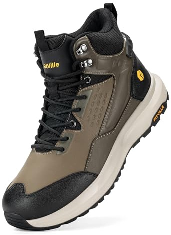FitVille Wide Mens Boots All-Terrain Non-Slip Men's Hiking Boots Mid Height Outdoor Trekking Camping Shoes for Men, Durable Upper, Comfortable & Shock-Absorbing (Sand/Soft Taupe, 11.5 X-Wide)