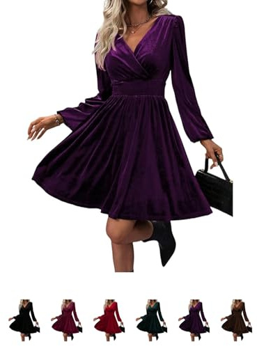 Abito da donna in velluto con scollo a V e maniche lunghe, elegante abito da cocktail per autunno e inverno, viola scuro, XL
