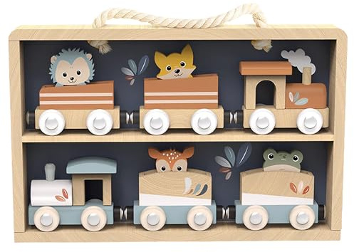 Speedy Monkey Wooden Train Toy Set with Storage Case, 24m+, Toddler Gift | Animal train playset with storage display case, multicolour vehicle STEM toy, early learning railway set