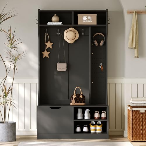 Yihomfy 100×185.5×40 cm Ensemble de Garde Robe d'Entrée, Porte Manteau, Meuble de Entrée Vestiaire, avec 6 Crochets, Panneau Perforé, Banc et Rangement Chaussures, pour Halls d'Entrée (Schwarz)