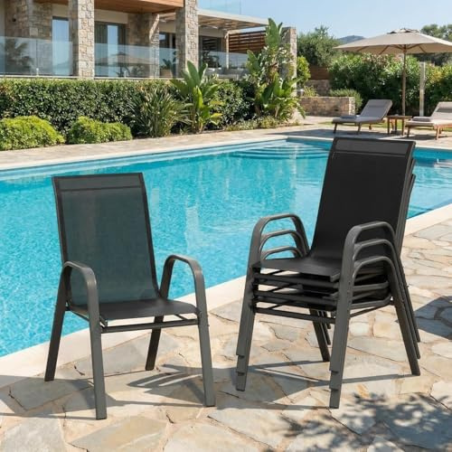Sillas Apilables Para Comedor Exterior Con Respaldo Alto –Set De 4- Estructura Metálica Robusta – Asiento De Tela Textilene Transpirable y Duradera – Ideales Para Patio, Jardín, Césped Terraza, Negro