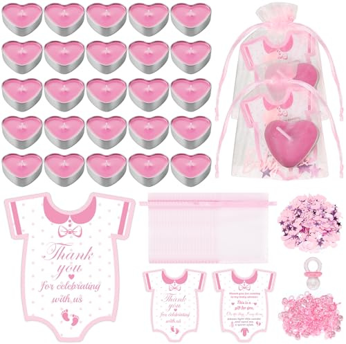 Defresit 50 Sets Baby Shower Favors Tea Light Candles for Guest Cute Girl Baby Shower Party Favors Gifts with Thank Cards Gender Reveal Party Favors,Super combination Pink