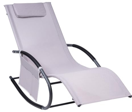 Hortan Lettino Sdraio Prendisole Con Struttura A Dondolo, Seduta Ergonomica In Tessuto Textilene, Cuscino Poggiatesta, Telaio In Acciaio E Sacca Portaoggetti