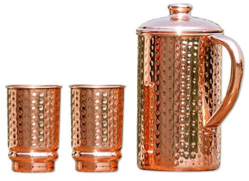 Juego de jarra y vaso ayurveda de cobre puro, jarra de diseño martillado con 2 tumberas