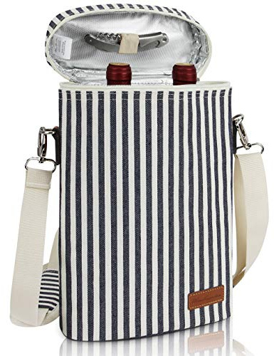 ZORMY 2 Bottle Wine Tote Carrier, Dark Blue, 750 mL Capacity, Polyester Material, With Shoulder Strap and Corkscrew