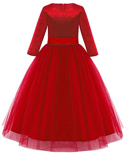 Enfants Filles Robe Manches 3/4 Vintage Velours Princesse Tulle Robes De Mariage Demoiselle D'honneur Communion Cérémonie Fête D'anniversaire Soirée Longue Robe De Bal Formelle Rouge 11-12 Years