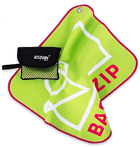 back zip KEENON Sports Microfaser-Handtuch inklusive Netztasche – kompatibel Karabiner – Wandern, Mountainbiken, Schitouren, Reisen – schnell trocknend – saugstark – platzsparend