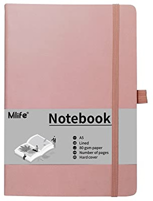 Mlife Carnet de Notes A5 Ligné, 192 Pages, Couverture Rigide Avec Bande de Fermeture Élastique et Poche Pliable- Cahier Journal en Cuir The Pro (rose)