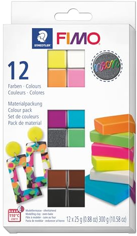STAEDTLER FIMO Colour Pack 8013 C neon – 12 x 25 g | Ugnshärdande modelleringslera i klara neonfärger, blandbar – för smycken & dekoration – Art.-Nr. 8013 C12-3