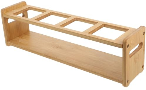WOONEKY Condiment Bottle Organizer Seasoning Bottle Shelf with Handles Wooden Kitchen Bottles Storage Holder for Oil Sauce and Spice Jars Compact Rack for Pantry and Cupboard 32.50 X 8.00 X 10.50 Cm