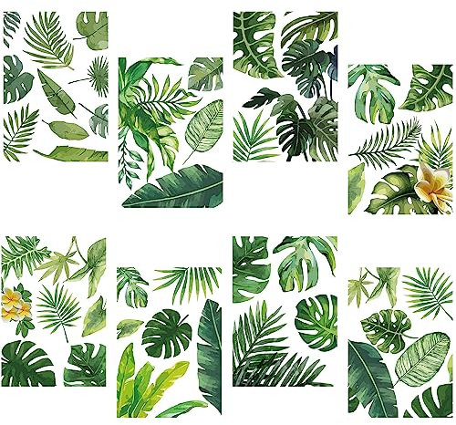 craspire Feuille Stickers Muraux PVC Peu Imperméable Auto-Adhésif Stickers Vert Feuilles Tropicales Naturel Feuille de Palmier Plante Rectangle 8 Feuilles 8 Styles Amovible pour Fenêtre Escalier